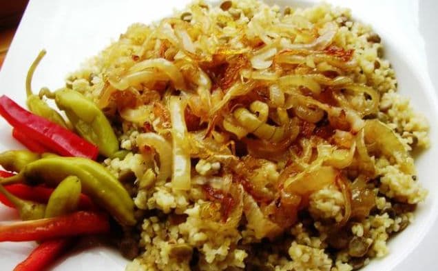 Bulgur Pilaf With Green Lentils, Served With Caramelized Onions -Mercimekli Bulgur Pilavi